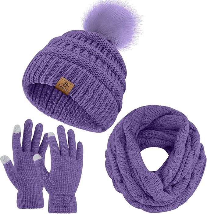 URATOT Winter Warm Knitted Sets Beanie Pompom Hat Scarves Winter Touchscreen Gloves Scarf Set for Men Women