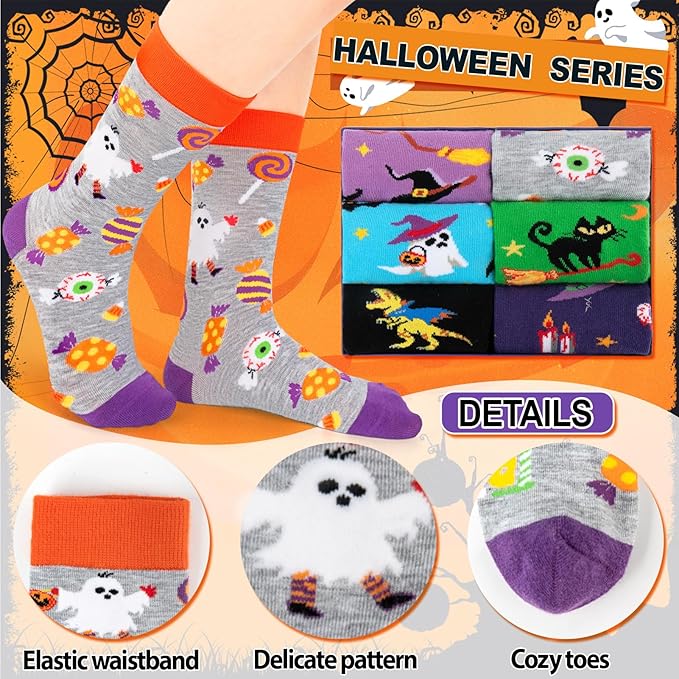 6 Pack Kids Halloween Socks, Novelty Horror Spooky Pumpkin Dinosaur Cat Witch Ghosts Stocking Gift for Boys Girls