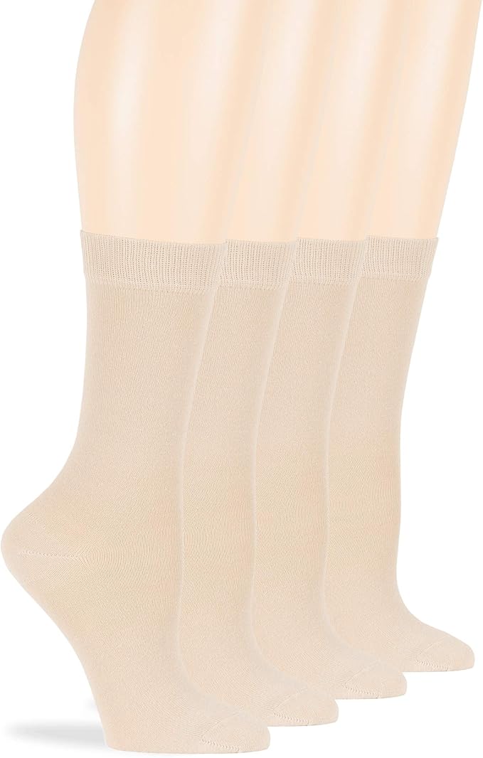 7BigStars Women's Cotton Dress Socks - 4 Pack L/M - Solid Assorted Crew Calf Black Brown Blue Grey Beige Khaki Olive Green
