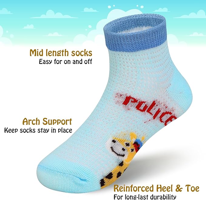 Padgene 10 Pairs Kids Boys Fun Novelty Socks Toddler None Slip Cotton Crew Dress Socks Cartoon Dinosaur Car Shark Stripes