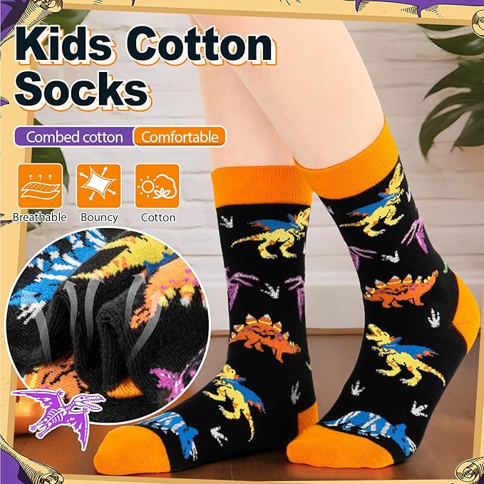 6 Pack Kids Halloween Socks, Novelty Horror Spooky Pumpkin Dinosaur Cat Witch Ghosts Stocking Gift for Boys Girls