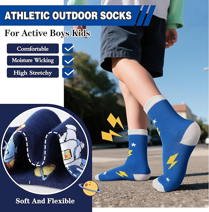 Kids Boys Fun Cotton Crew Socks Funny Crazy Cartoon Novelty Space Trucks Star Dress Socks 6 Pairs