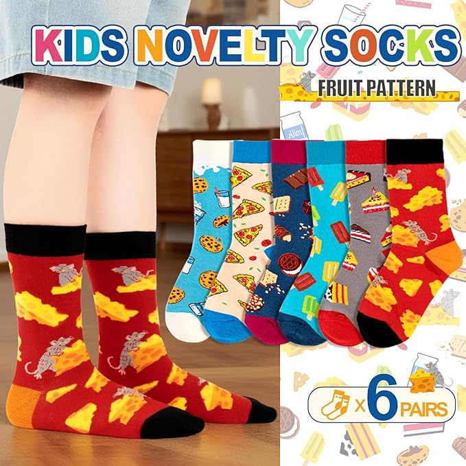6 Pack Boys Girls Novelty Crew Socks + Gift Box, Funny Colorful Presents for 2-18 Years Old Kids Teens