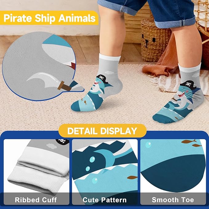 Queenshin Pirate little Boys Crew Socks 2-11 Years Old 6 Pairs Crazy Novelty Cartoon Socks Birthday Christmas Gift