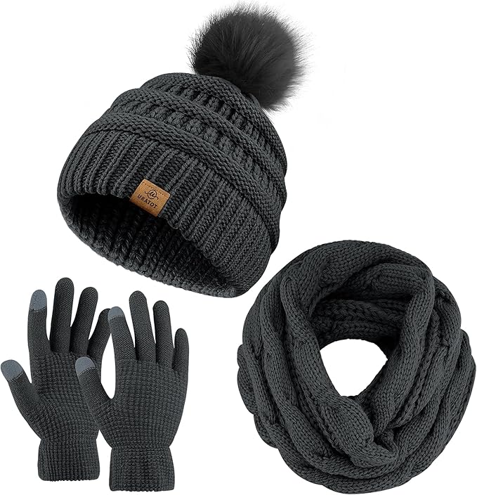 URATOT Winter Warm Knitted Sets Beanie Pompom Hat Scarves Winter Touchscreen Gloves Scarf Set for Men Women