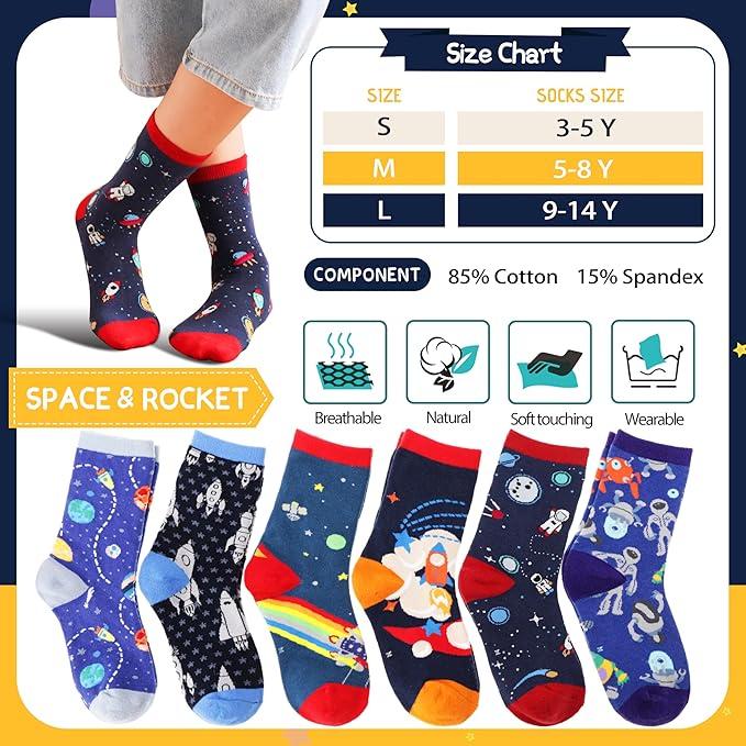 Anlisim 6 Pairs Boys Kids Socks Fun Crazy Funny Novelty Cartoon Space Rocket Dinosaur Crew Cotton Socks