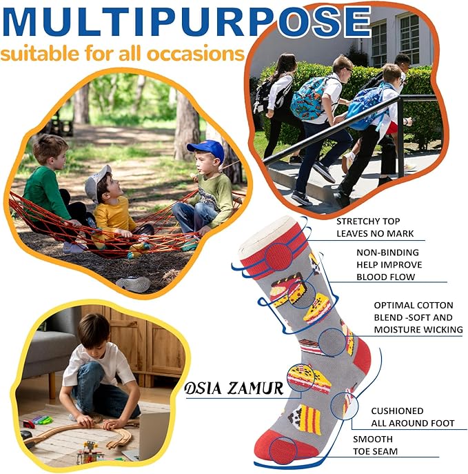 6 Pack Boys Girls Novelty Crew Socks + Gift Box, Funny Colorful Presents for 2-18 Years Old Kids Teens