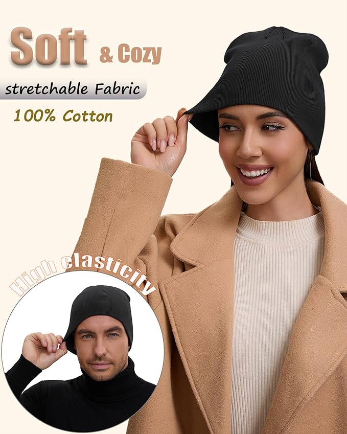 100% Cotton Beanie Hat for Men Women, Cuffless Soft Knit Warm Winter Hats Fisherman Beanies Skull Cap Unisex