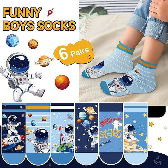 Queenshin Space Boys Socks Ankle 2-11 Years Old 6 Pairs Crazy Sock for Kids Sock Novelty Birthday Christmas Gift