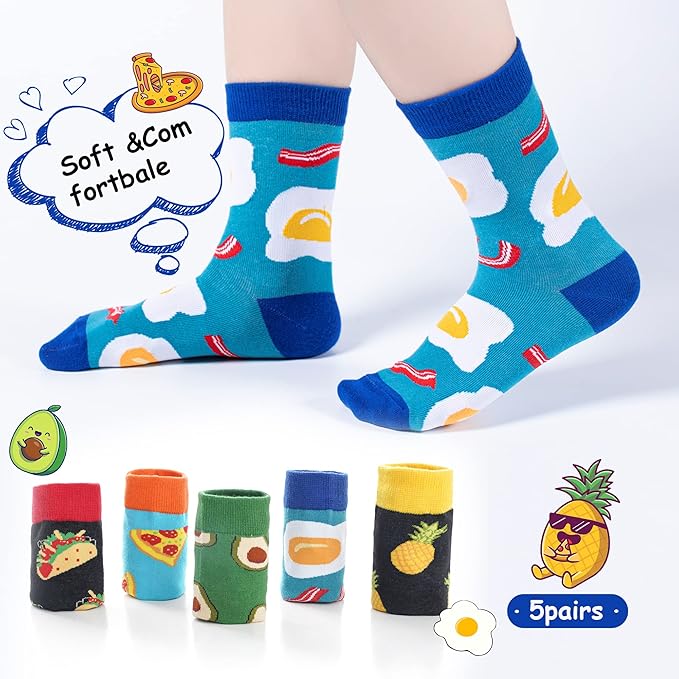 BONANGEL Boys Socks 5-8 Years Old, Fun Novelty Animal Food Space Crazy Funny Cute Kids Socks 8-10 10-12 Years 5 Pairs