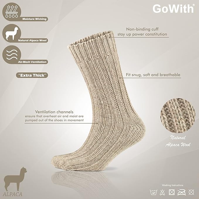 GoWith 2 Pairs Cozy Alpaca Wool Boot Socks for Men & Women, Extra Thick Loose-Fit Winter Socks