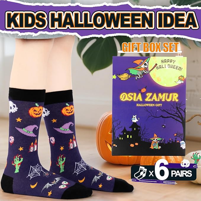 6 Pack Kids Halloween Socks, Novelty Horror Spooky Pumpkin Dinosaur Cat Witch Ghosts Stocking Gift for Boys Girls