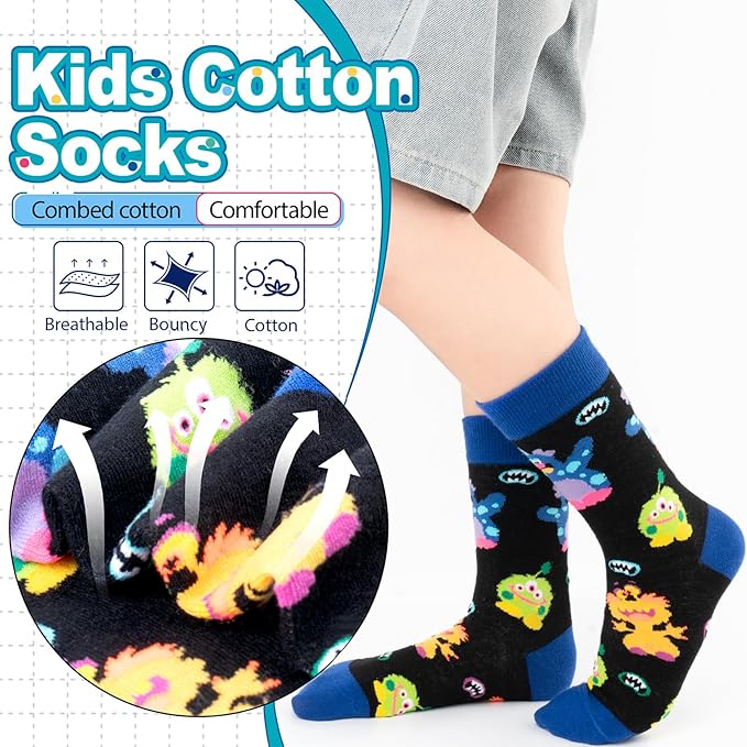 Kids Boys Girls Crew Socks 4-6 Pack + Gift Box, Novelty Funky Colorful Toddler Calf Socks for Teens