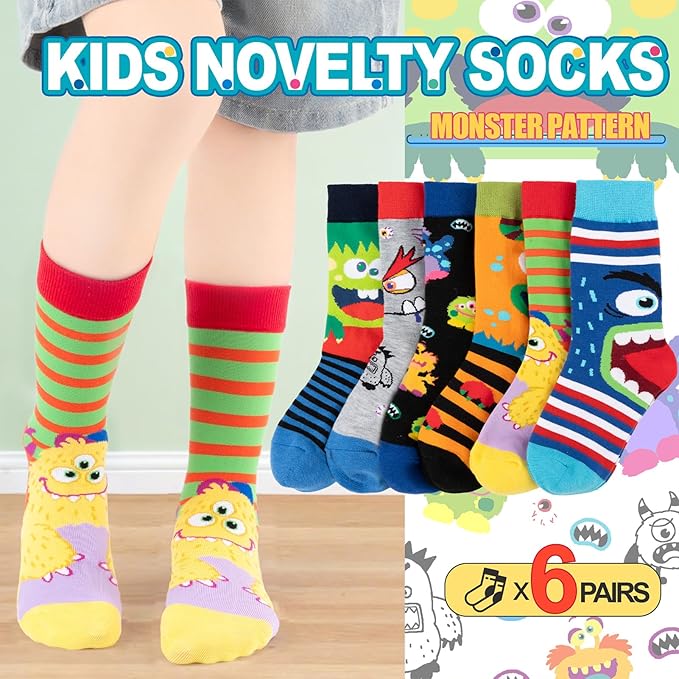 Kids Boys Girls Crew Socks 4-6 Pack + Gift Box, Novelty Funky Colorful Toddler Calf Socks for Teens