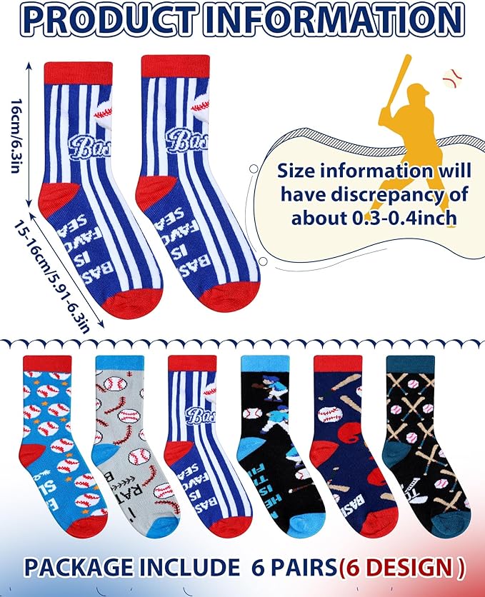 Haysandy 6 Pairs Novelty Sports Socks for Boys Kids Athletic Crew Sock for 8-12 Kids Gift