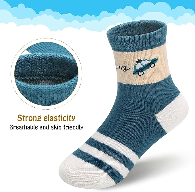 Padgene 10 Pairs Kids Boys Fun Novelty Socks Toddler None Slip Cotton Crew Dress Socks Cartoon Dinosaur Car Shark Stripes