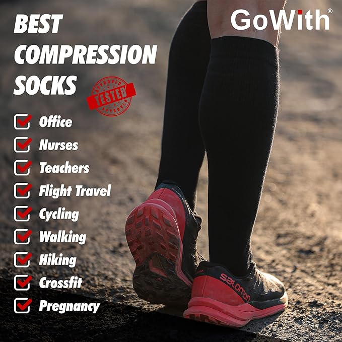 GoWith Unisex Black Merino Wool Graduated Compression Socks, 15-20 mmHg Thermal Travel Knee High Socks for Men & Women