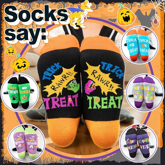 6 Pack Kids Halloween Socks, Novelty Horror Spooky Pumpkin Dinosaur Cat Witch Ghosts Stocking Gift for Boys Girls