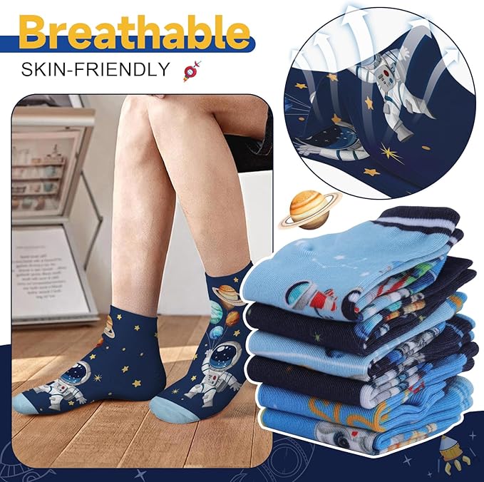 Queenshin Space Boys Socks Ankle 2-11 Years Old 6 Pairs Crazy Sock for Kids Sock Novelty Birthday Christmas Gift