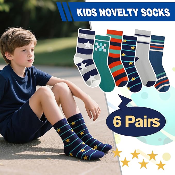 Kids Boys Fun Cotton Crew Socks Funny Crazy Cartoon Novelty Space Trucks Star Dress Socks 6 Pairs