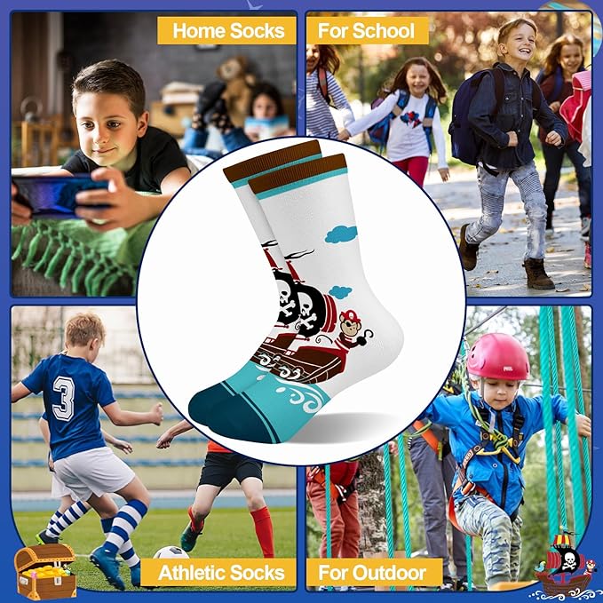 Queenshin Pirate little Boys Crew Socks 2-11 Years Old 6 Pairs Crazy Novelty Cartoon Socks Birthday Christmas Gift