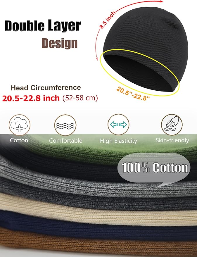 100% Cotton Beanie Hat for Men Women, Cuffless Soft Knit Warm Winter Hats Fisherman Beanies Skull Cap Unisex