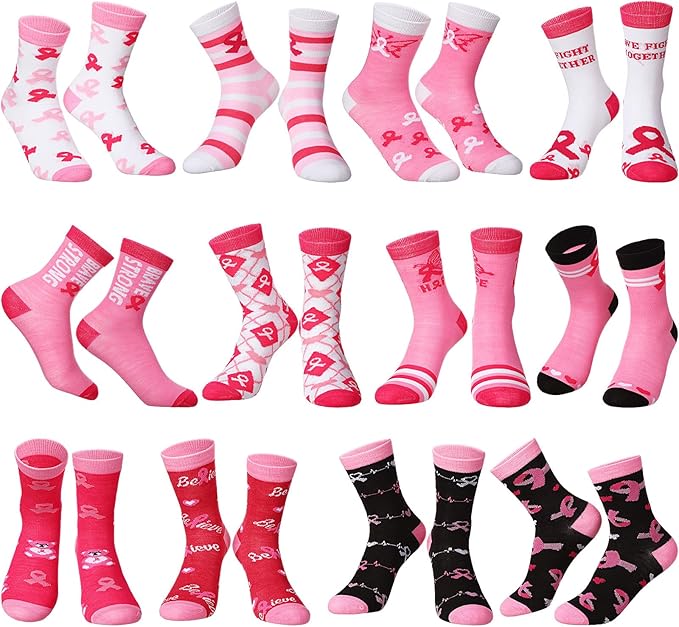 Shinymoon 12 Pairs Kids Breast Cancer Awareness Socks Pink Ribbon Crew Socks for Children Boys Girls Novelty Crazy Gifts