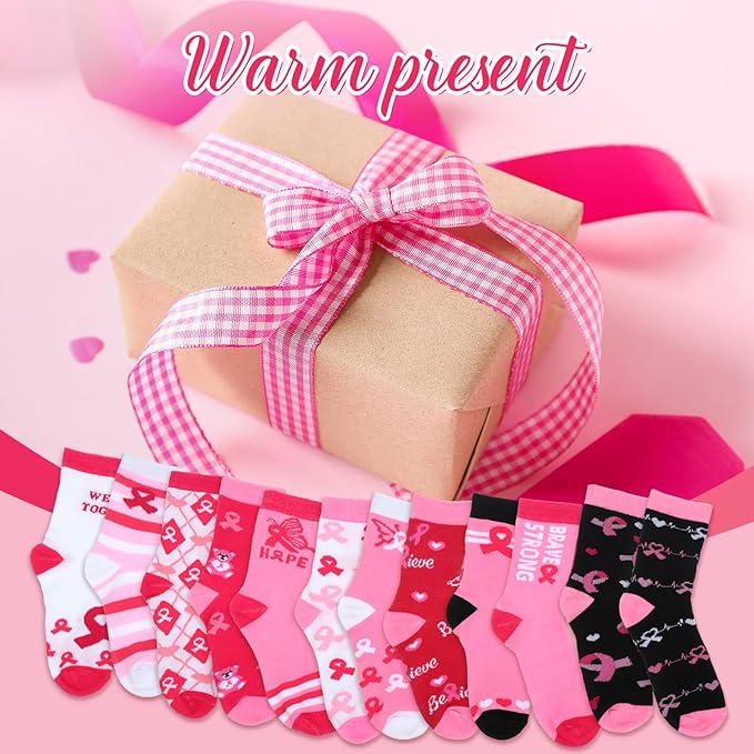 Shinymoon 12 Pairs Kids Breast Cancer Awareness Socks Pink Ribbon Crew Socks for Children Boys Girls Novelty Crazy Gifts