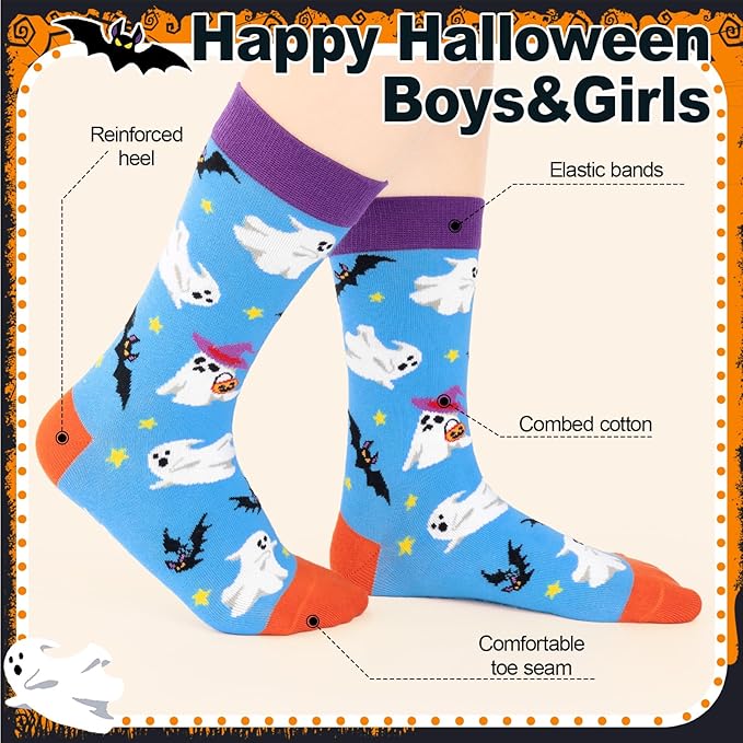 6 Pack Kids Halloween Socks, Novelty Horror Spooky Pumpkin Dinosaur Cat Witch Ghosts Stocking Gift for Boys Girls