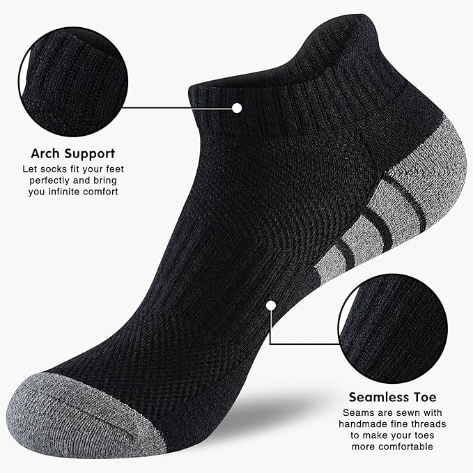 7 Pairs Mens 100% Cotton Cushioned Ankle Socks, Athletic Performance Running Moisture Wicking Breathable Low Cut Socks