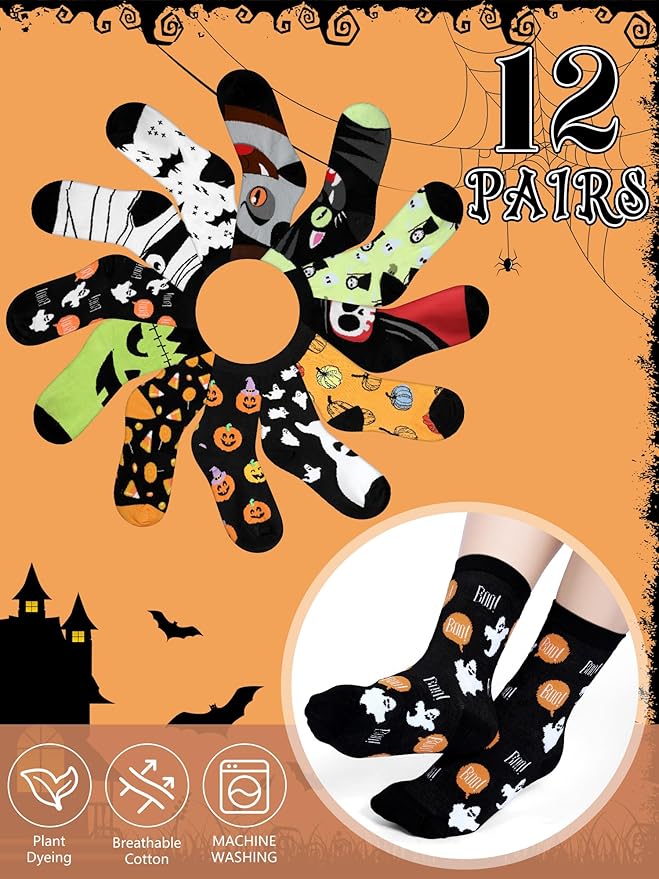 Toulite 12 Pairs Halloween Socks Ghost Bat Vampire Novelty Design Crew Socks for Halloween Funky Toddler Kids
