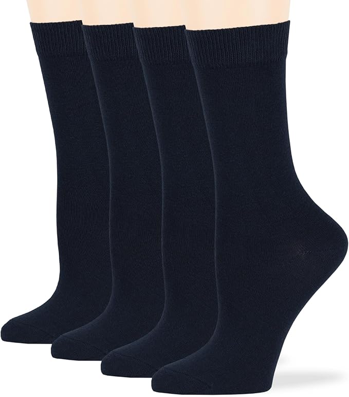 7BigStars Women's Cotton Dress Socks - 4 Pack L/M - Solid Assorted Crew Calf Black Brown Blue Grey Beige Khaki Olive Green