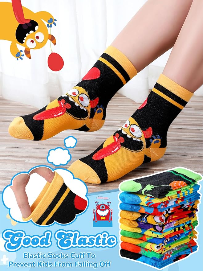 Jinei 10 Pairs Boys Socks with Monster Pattern Novelty Cartoon Socks Colorful Funny