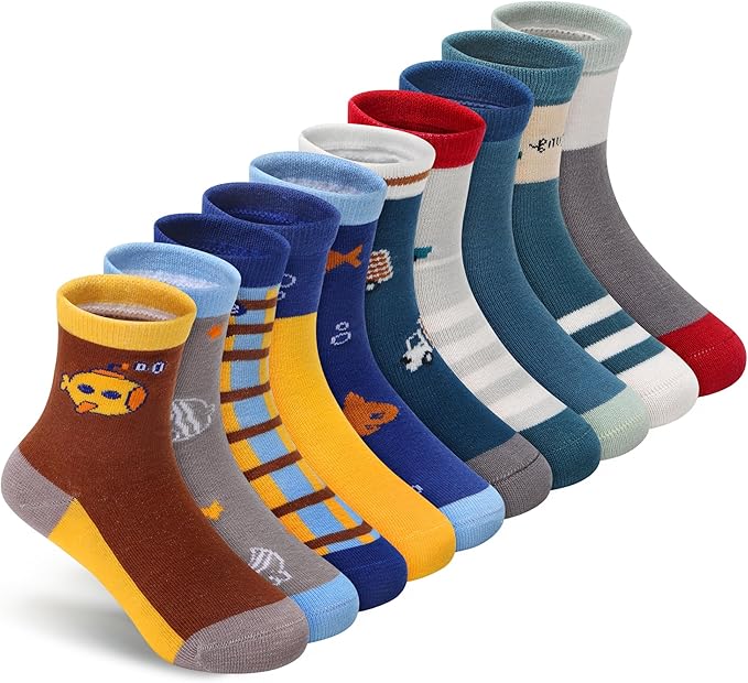 Padgene 10 Pairs Kids Boys Fun Novelty Socks Toddler None Slip Cotton Crew Dress Socks Cartoon Dinosaur Car Shark Stripes