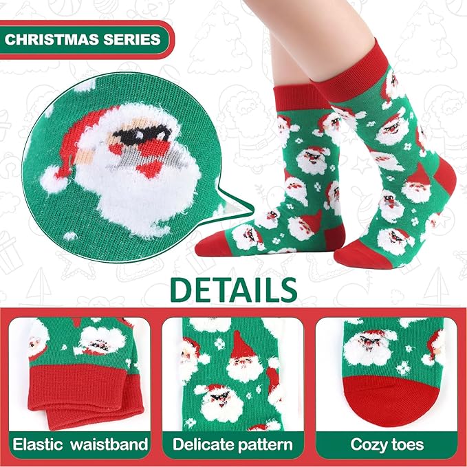 6 Pack Christmas Socks for Boys Girls + Gift Box, Kids Novelty Xmas Crew Stocking