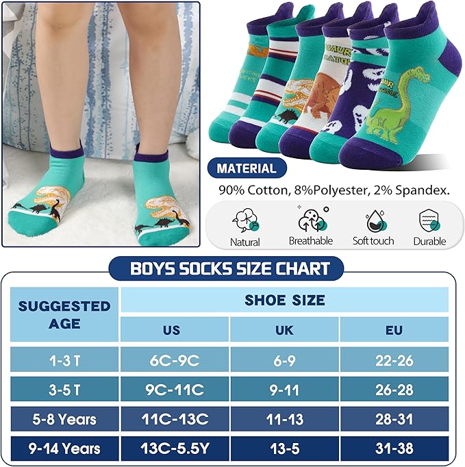 Kids Boys Ankle Socks No Show Low Cut Funny Cute Cartoon Novelty Cotton Socks 6 Pairs