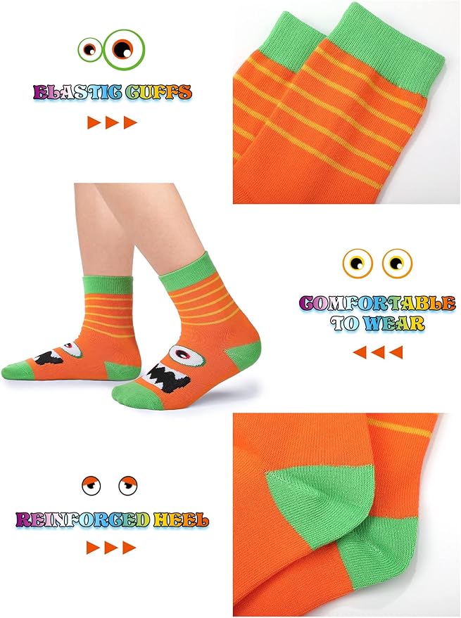 Jinei 6 Pairs Boys Monster Pattern Socks Kids Toddler Funny Crazy Cotton Crew Socks Novelty Christmas Gift Party Favors