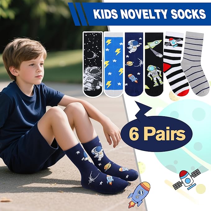 Kids Boys Fun Cotton Crew Socks Funny Crazy Cartoon Novelty Space Trucks Star Dress Socks 6 Pairs