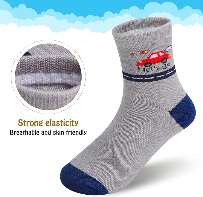 Padgene 10 Pairs Kids Boys Fun Novelty Socks Toddler None Slip Cotton Crew Dress Socks Cartoon Dinosaur Car Shark Stripes