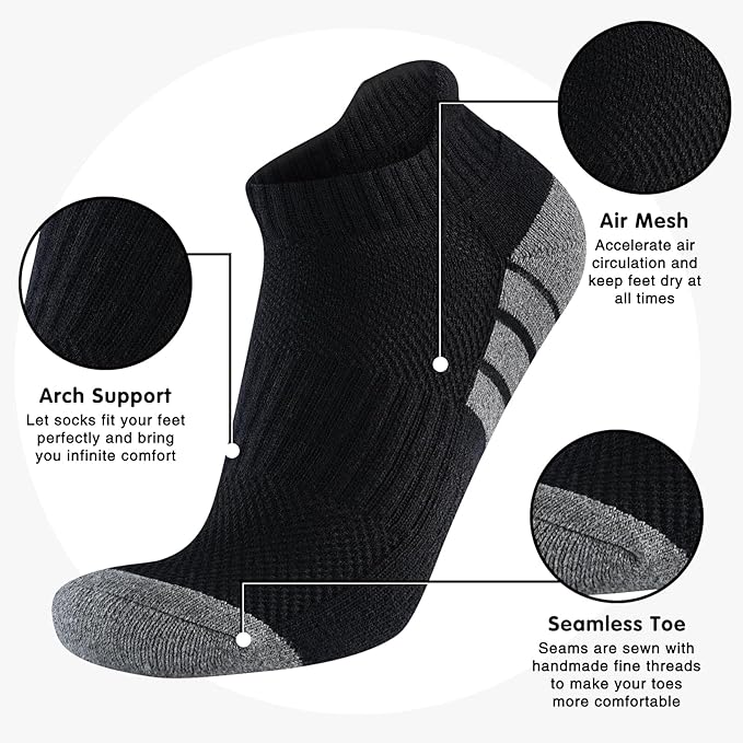 7 Pairs Mens 100% Cotton Cushioned Ankle Socks, Athletic Performance Running Moisture Wicking Breathable Low Cut Socks