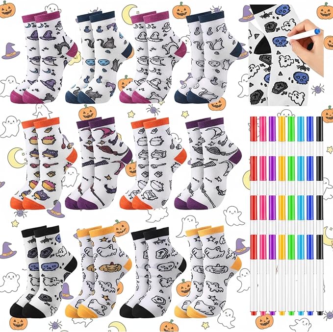 ShinyMarch 12 Pairs Kids Doodle Socks Color Your Own Socks DIY Kid Drawing Craft Arts with 48 Pcs Markers
