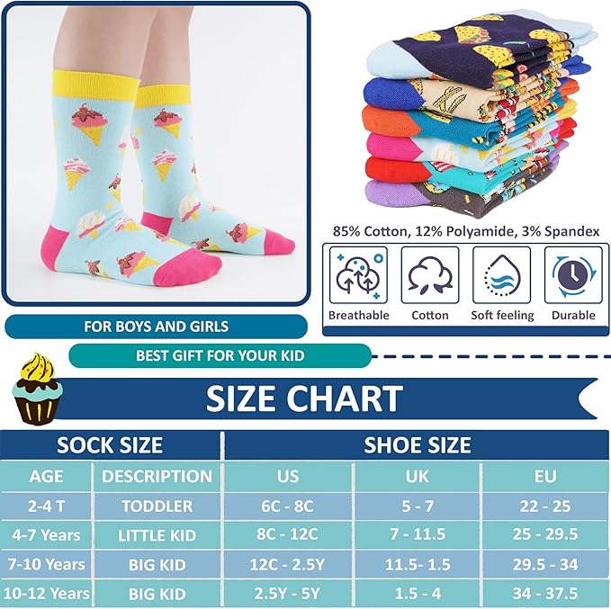 6 Pack Boys Girls Novelty Crew Socks + Gift Box, Funny Colorful Presents for 2-18 Years Old Kids Teens