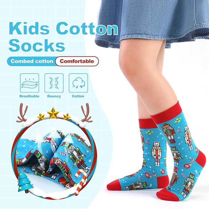 6 Pack Christmas Socks for Boys Girls + Gift Box, Kids Novelty Xmas Crew Stocking