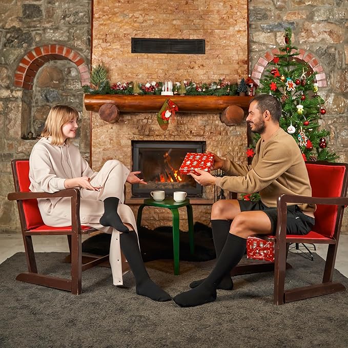GoWith Unisex Black Merino Wool Graduated Compression Socks, 15-20 mmHg Thermal Travel Knee High Socks for Men & Women