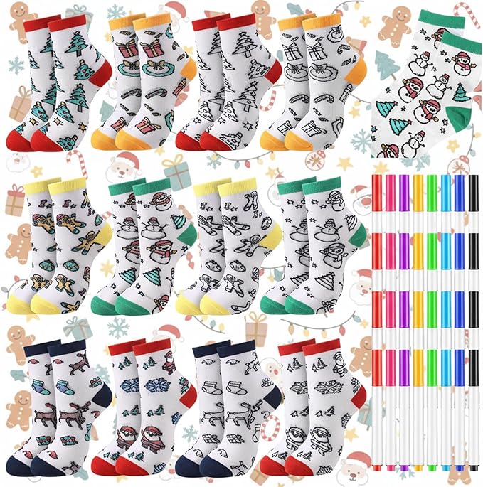 ShinyMarch 12 Pairs Kids Doodle Socks Color Your Own Socks DIY Kid Drawing Craft Arts with 48 Pcs Markers
