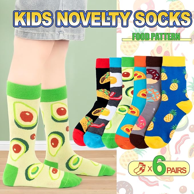 Kids Boys Girls Crew Socks 4-6 Pack + Gift Box, Novelty Funky Colorful Toddler Calf Socks for Teens