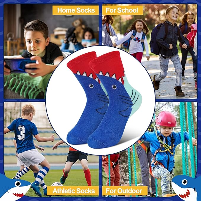 Queenshin Boys Novelty Socks Crew 1-8 Years Old Shark Print Patterns Funny Girl Cartoon 6 Pairs Kids Birthday Christmas Gift