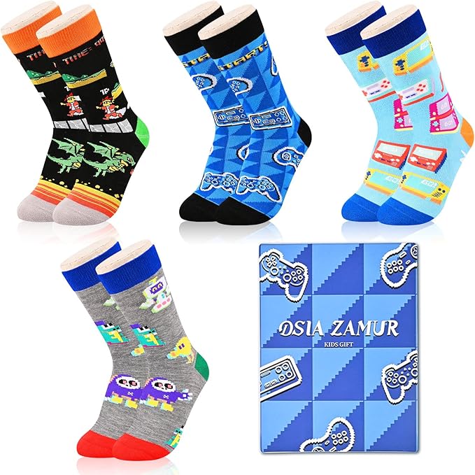 Kids Boys Girls Crew Socks 4-6 Pack + Gift Box, Novelty Funky Colorful Toddler Calf Socks for Teens