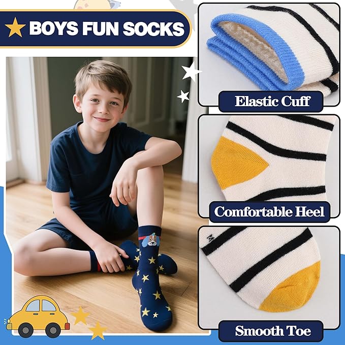 Kids Boys Fun Cotton Crew Socks Funny Crazy Cartoon Novelty Space Trucks Star Dress Socks 6 Pairs