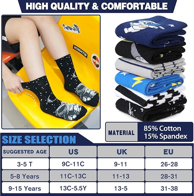 Kids Boys Fun Cotton Crew Socks Funny Crazy Cartoon Novelty Space Trucks Star Dress Socks 6 Pairs
